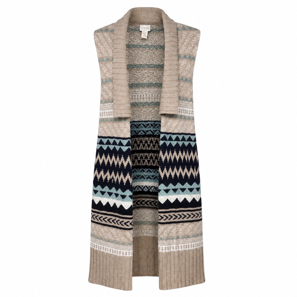 Chico's Boho Southwestern Longline Knit Vest Women Medium Coastal Cowgirl Cabin